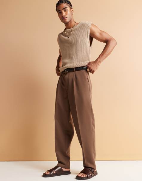 ASOS DESIGN smart oversized tapered pants with front pleats in brown - view 1