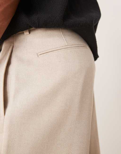 ASOS DESIGN smart oversized tapered pleated trousers with wool in stone herringbone, 4 of 5