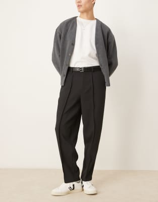 Asos Design Smart Oversized Tapered Trousers In Black Rib Texture