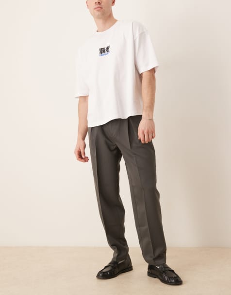 ASOS DESIGN smart oversized tapered trousers with chunky belt loops in charcoal with front pleat - view 1