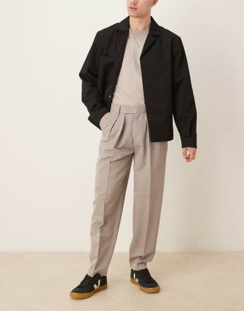 ASOS DESIGN smart oversized tapered trousers with double pleats and back pocket detail in stone - view 1