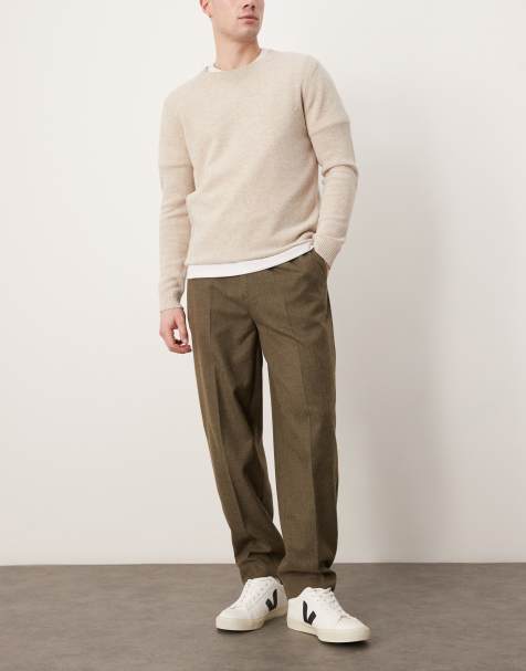 ASOS DESIGN smart oversized tapered trousers with front pleats in olive brushed fabric - view 1
