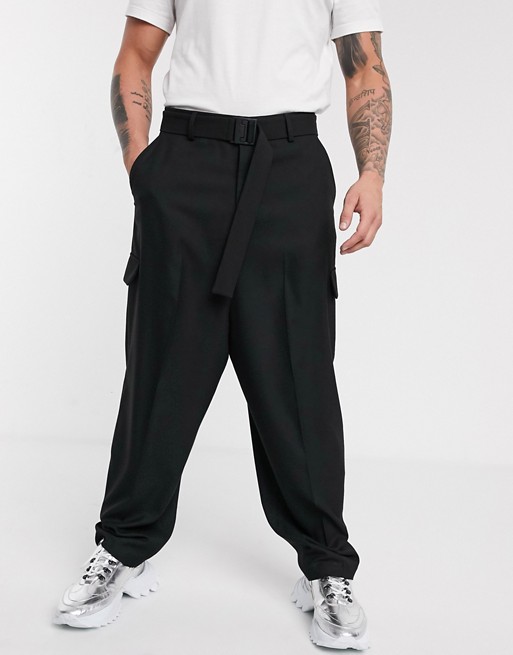 ASOS DESIGN smart oversized trousers with faux cargo pockets and clip belt in black
