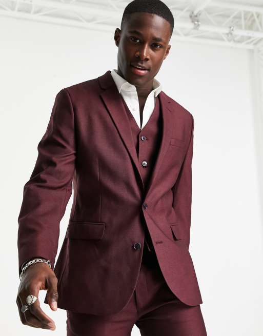 ASOS DESIGN smart oxford skinny suit jacket in burgundy