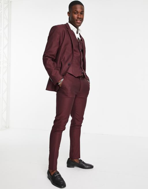 ASOS DESIGN smart oxford skinny suit jacket in burgundy | ASOS