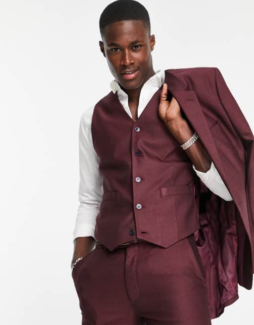 ASOS DESIGN smart oxford skinny suit vest in burgundy | ASOS