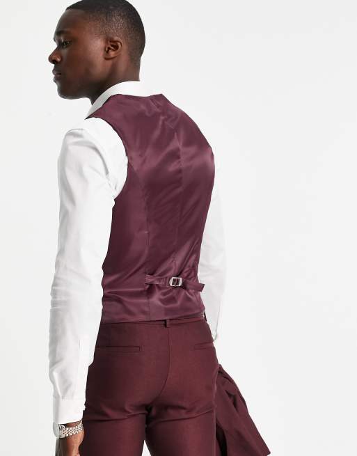 ASOS DESIGN smart oxford skinny suit vest in burgundy, 2 of 4