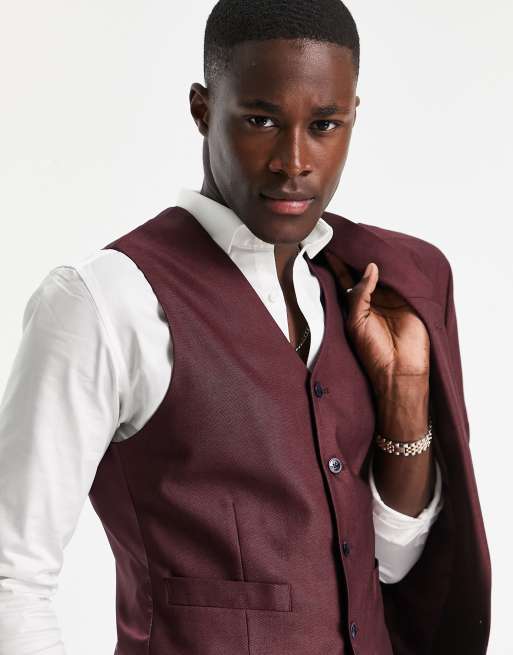 ASOS DESIGN smart oxford skinny suit vest in burgundy, 4 of 4