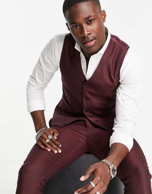 ASOS DESIGN smart oxford skinny waistcoat in burgundy, 3 of 4