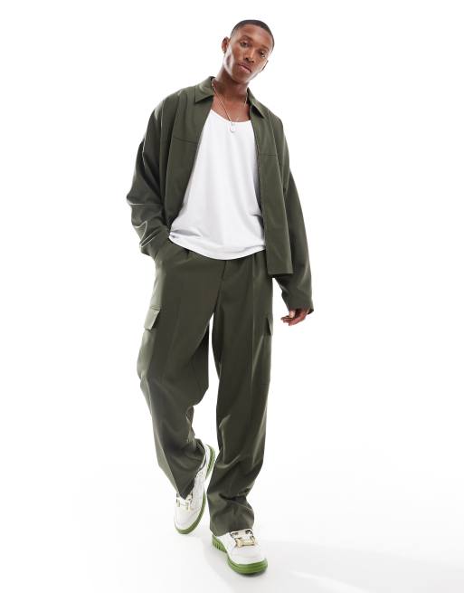 ASOS DESIGN smart pants with cargo pockets in khaki (part of a set)