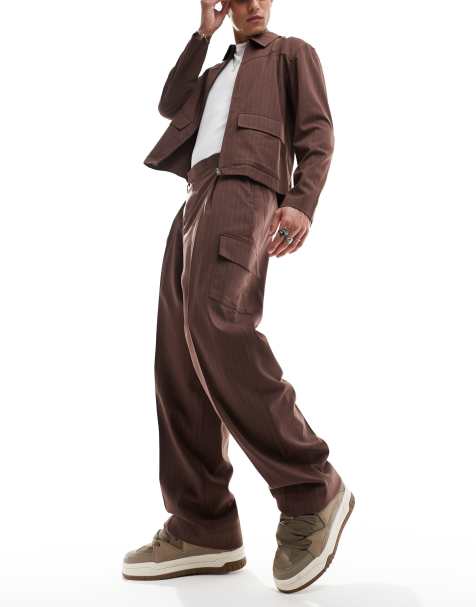 ASOS DESIGN smart pinstripe wide leg cargo pants in brown (part of a set) - view 1