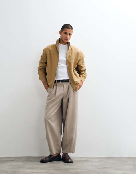ASOS DESIGN tailored pleated barrel leg trousers in stone