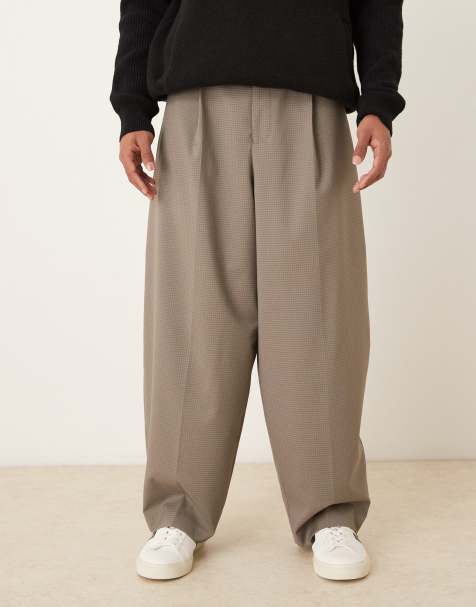 ASOS DESIGN smart pleated extreme tapered trousers in stone microcheck