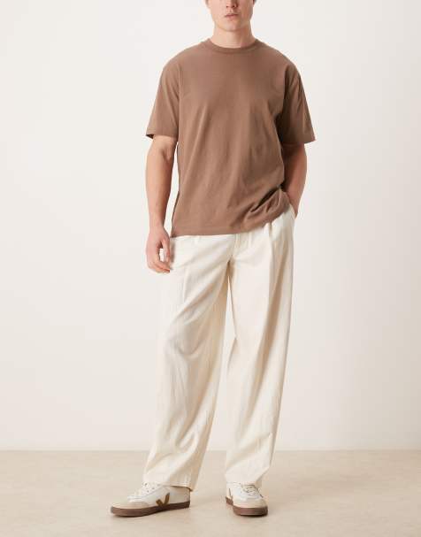 ASOS DESIGN smart pleated linen blend barrel trousers in ecru - view 1