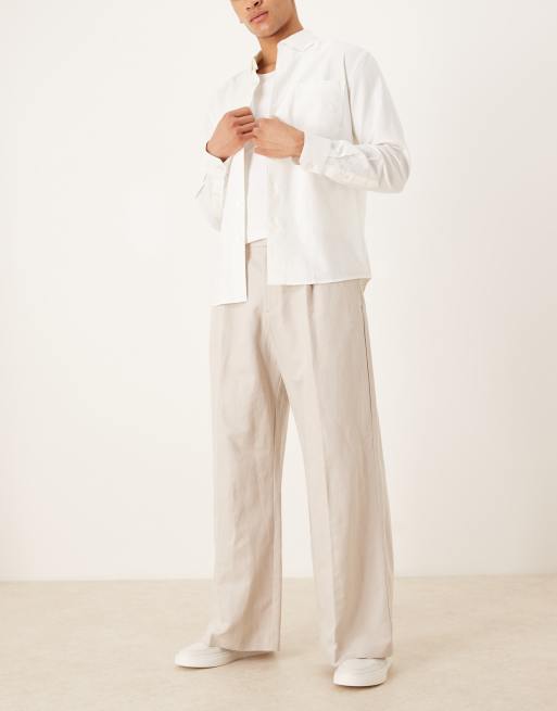 ASOS DESIGN smart pleated linen rich loose leg pants in stone, 2 of 5
