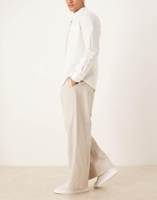 ASOS DESIGN smart pleated linen rich loose leg pants in stone, 3 of 5