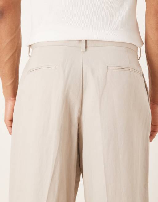 ASOS DESIGN smart pleated linen rich loose leg pants in stone, 4 of 5