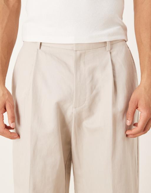 ASOS DESIGN smart pleated linen rich loose leg pants in stone, 5 of 5