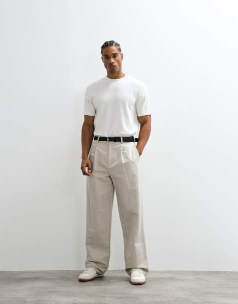 ASOS DESIGN smart pleated linen rich wide leg trousers in stone