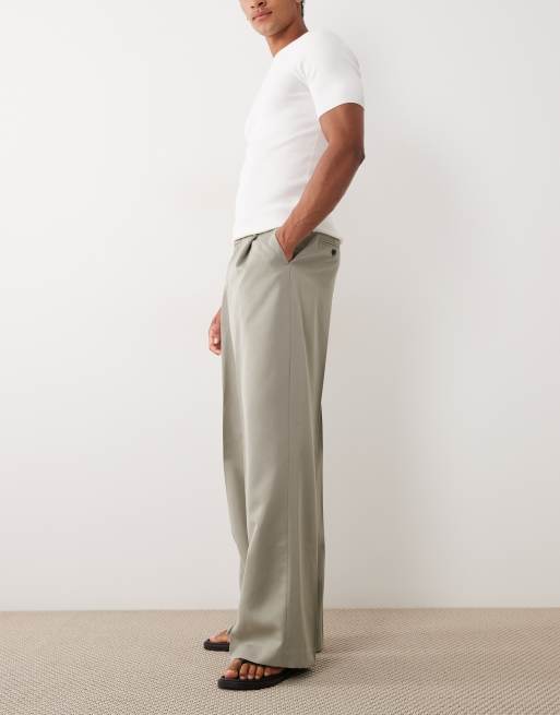 ASOS DESIGN smart pleated loose leg trousers in olive green, 3 of 5