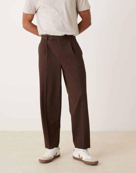 ASOS DESIGN smart pleated oversized tapered textured pants in brown - view 1
