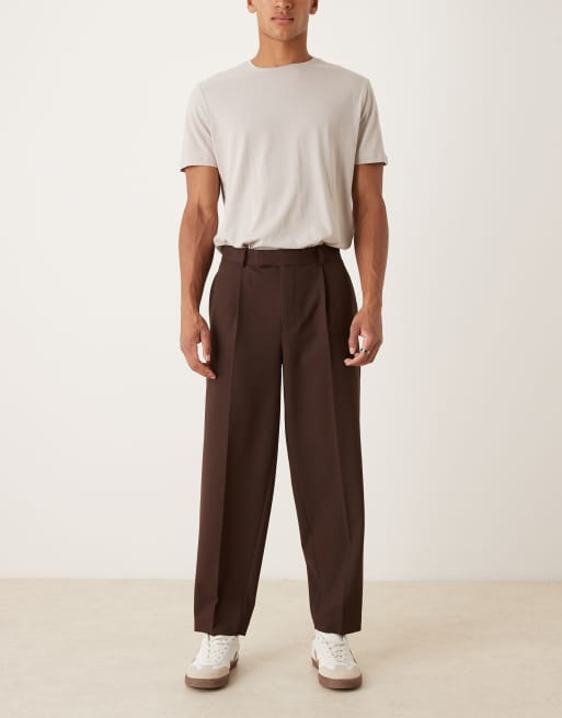 ASOS DESIGN pleated oversized tapered textured dress pants in brown