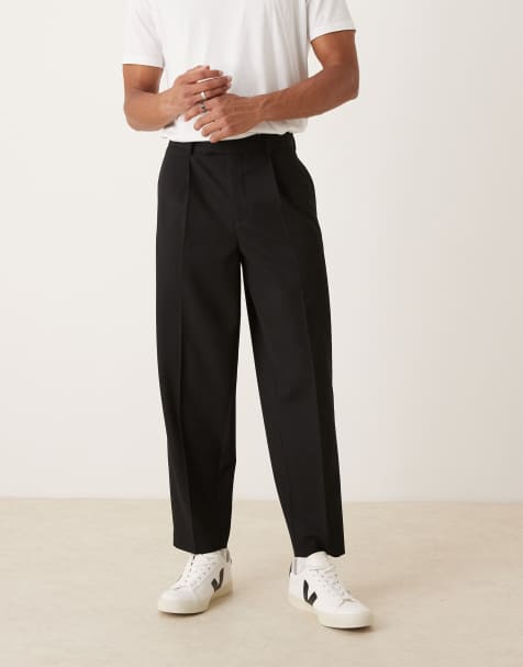 ASOS DESIGN smart pleated oversized tapered trousers in black microtexture