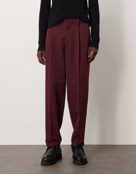 ASOS DESIGN smart pleated oversized tapered trousers in burgundy with elasticated waist