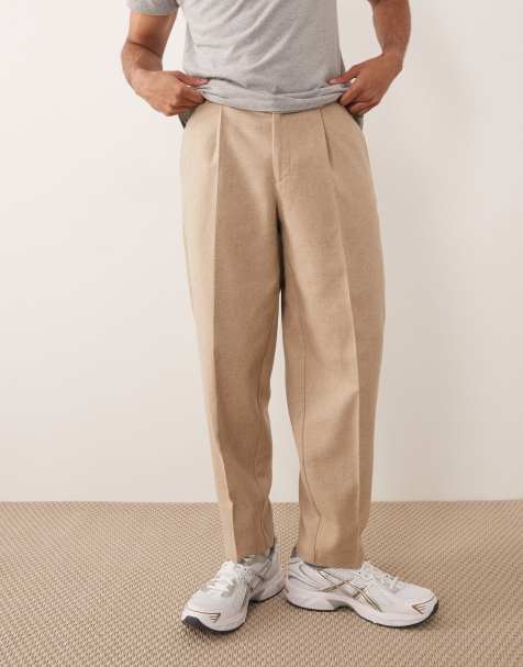 ASOS DESIGN smart pleated oversized tapered trousers with wool blend in stone - STONE - view 1