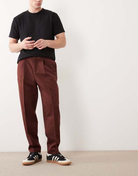 ASOS DESIGN smart pleated relaxed tapered pants in burgundy - view 1