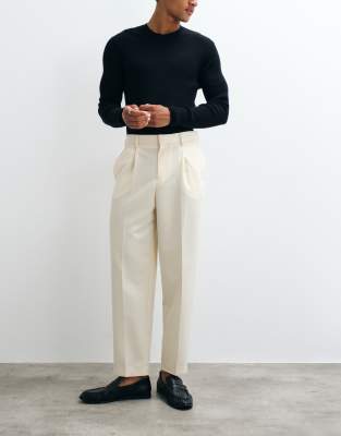 Asos Design Smart Pleated Relaxed Tapered Pants In Neutral