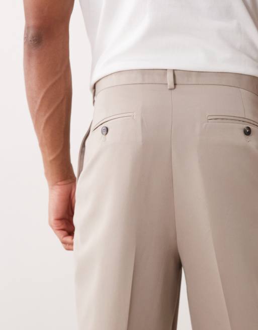 ASOS DESIGN smart pleated relaxed tapered trousers in stone, 4 of 5