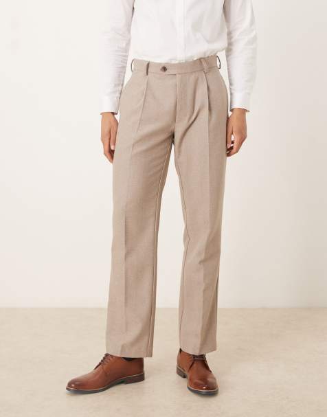 ASOS DESIGN smart pleated straight leg pants with wool in beige herringbone - view 1