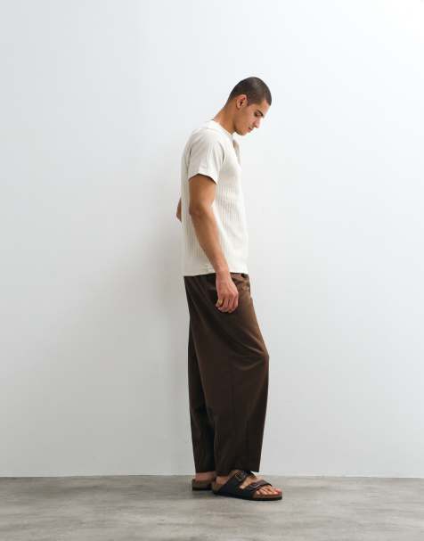 ASOS DESIGN tailored pleated wide barrel leg trousers in dark brown