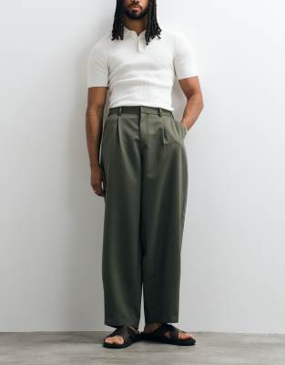 Asos Design Smart Pleated Wide Barrel Leg Trousers In Green