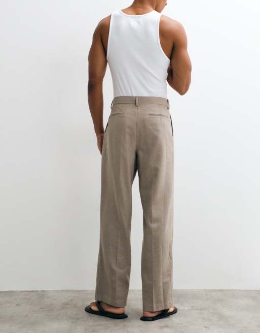 ASOS DESIGN smart pleated wide leg pants with wool in stone herringbone, 3 of 5