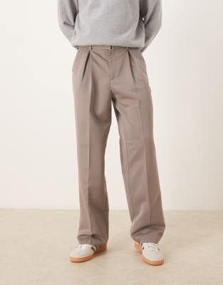 ASOS DESIGN smart pleated wide leg trousers and belt detail in mink-Brown