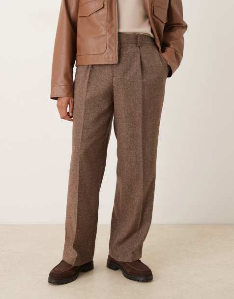 ASOS DESIGN smart pleated wide leg trousers in brown wool blend with elasticated waist - view 1