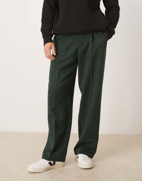 ASOS DESIGN smart pleated wide leg trousers in dark green - view 1