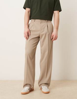 ASOS DESIGN smart pleated wide leg trousers with wool in stone herringbone-Neutral