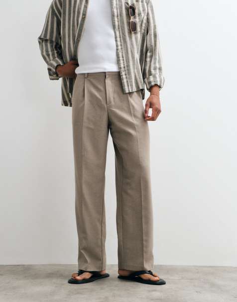 ASOS DESIGN smart pleated wide leg trousers with wool in stone herringbone