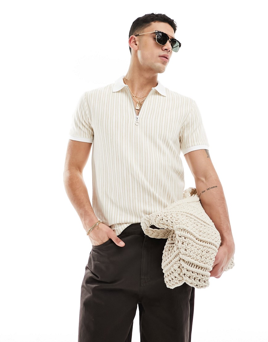Asos Design Smart Polo Shirt In Textured Beige Stripe With Zip-neutral