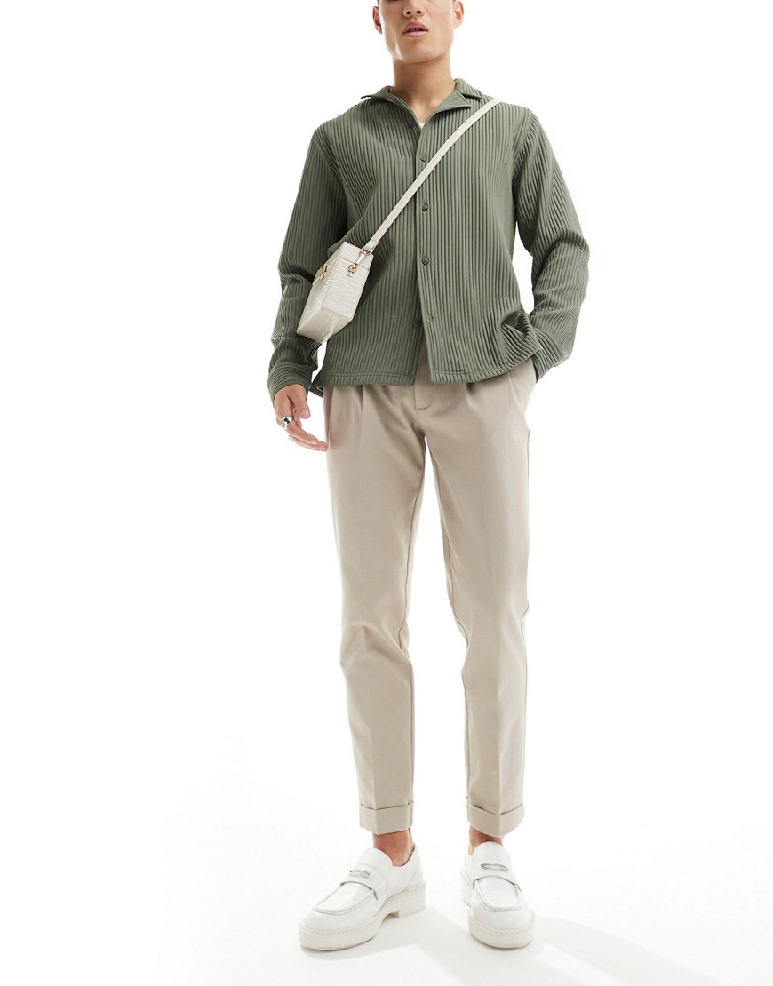 ASOS DESIGN smart premium slim fit chino trousers with turn ups in ecru-Neutral