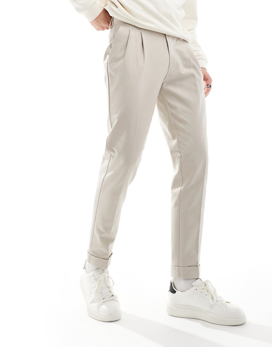 ASOS DESIGN smart premium slim fit chino trousers with turn ups in stone-Neutral