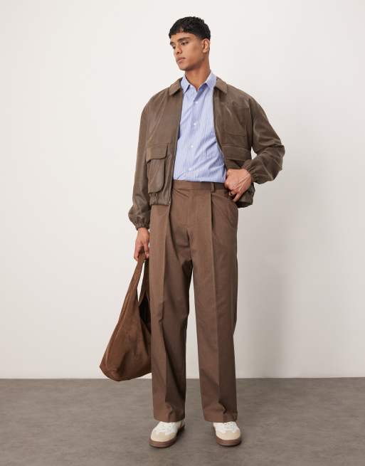 ASOS DESIGN smart premium wide leg pants with double pleats in brown