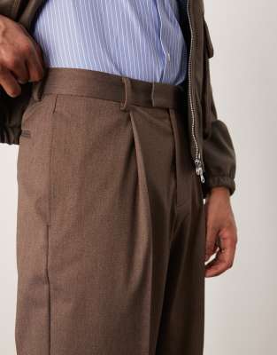 ASOS DESIGN smart premium wide leg pants with double pleats in brown