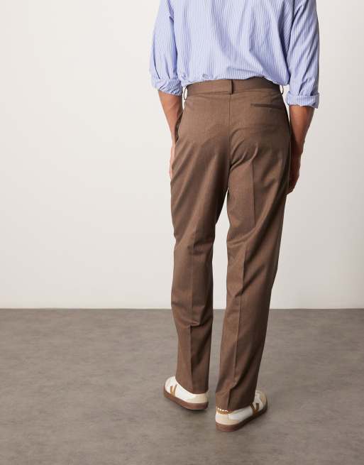 ASOS DESIGN smart premium wide leg pants with double pleats in brown
