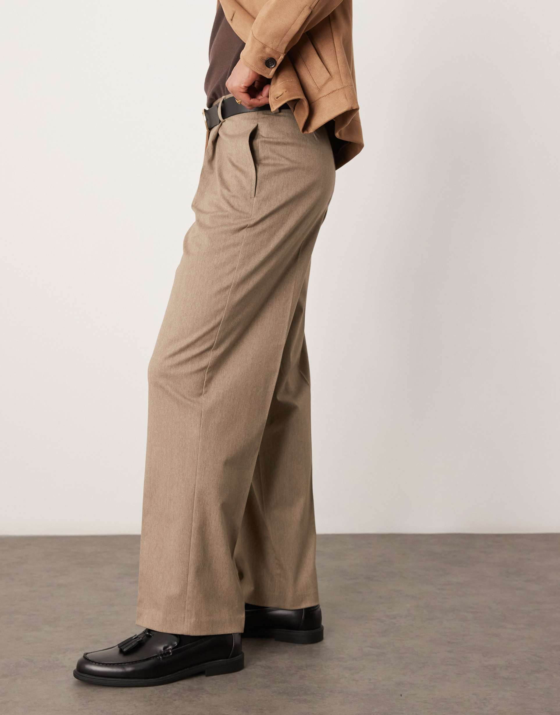 ASOS DESIGN smart premium wide leg trousers with double pleats in stone