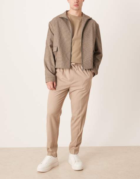 ASOS DESIGN smart pull on tapered trousers in neutral flannel