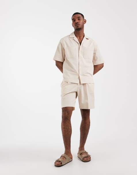 ASOS DESIGN smart regular shorts in stone seersucker (part of a set) - view 1